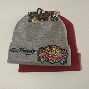 NWT Ed Hardy 2-Pack Beanie Hats Gray & Burgundy Screaming Tiger Embroidered Y2K